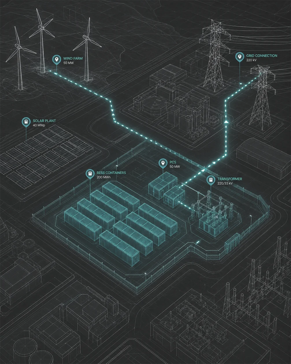 場站配置線框圖：BESS 貨櫃 200 MWh、PCS 50 MW、變壓器 220/33 kV